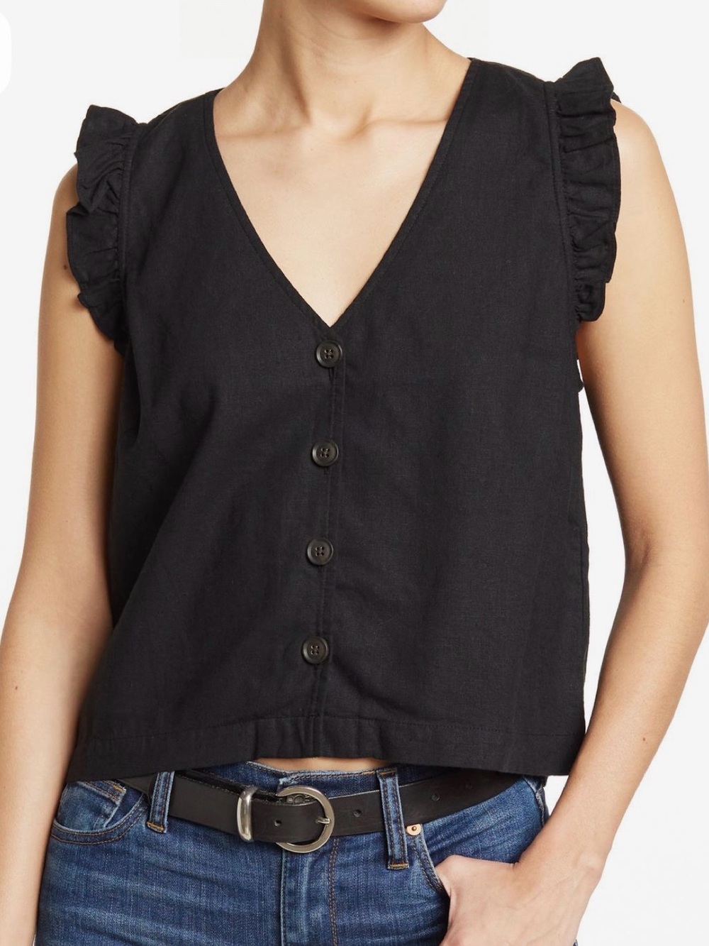 Madewell Linen Blend Tank Top | Size 14 | Black | Button Front V-Neck